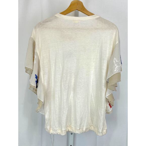 TINY Anthropologie Embroidered Flutter Sleeve Top Cross Stitch Floral Cream M - Picture 2 of 9